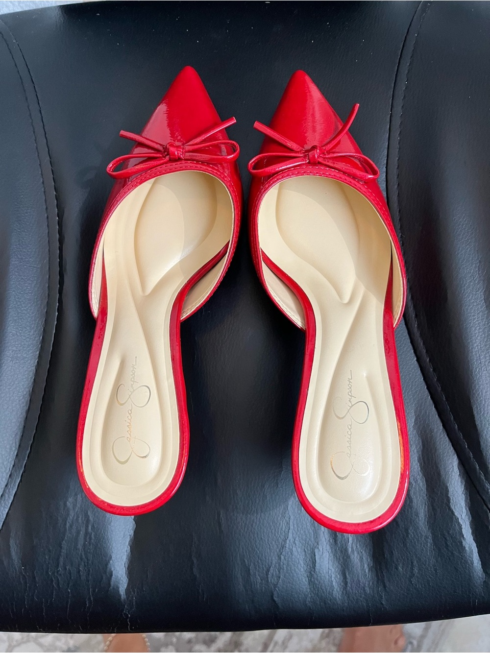 Jessica Simpson Red Pointed Toe Patent Slip-On Flats with Bow
